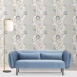 Pomegranate Wallpaper • salmon • Insitu with blue sofa