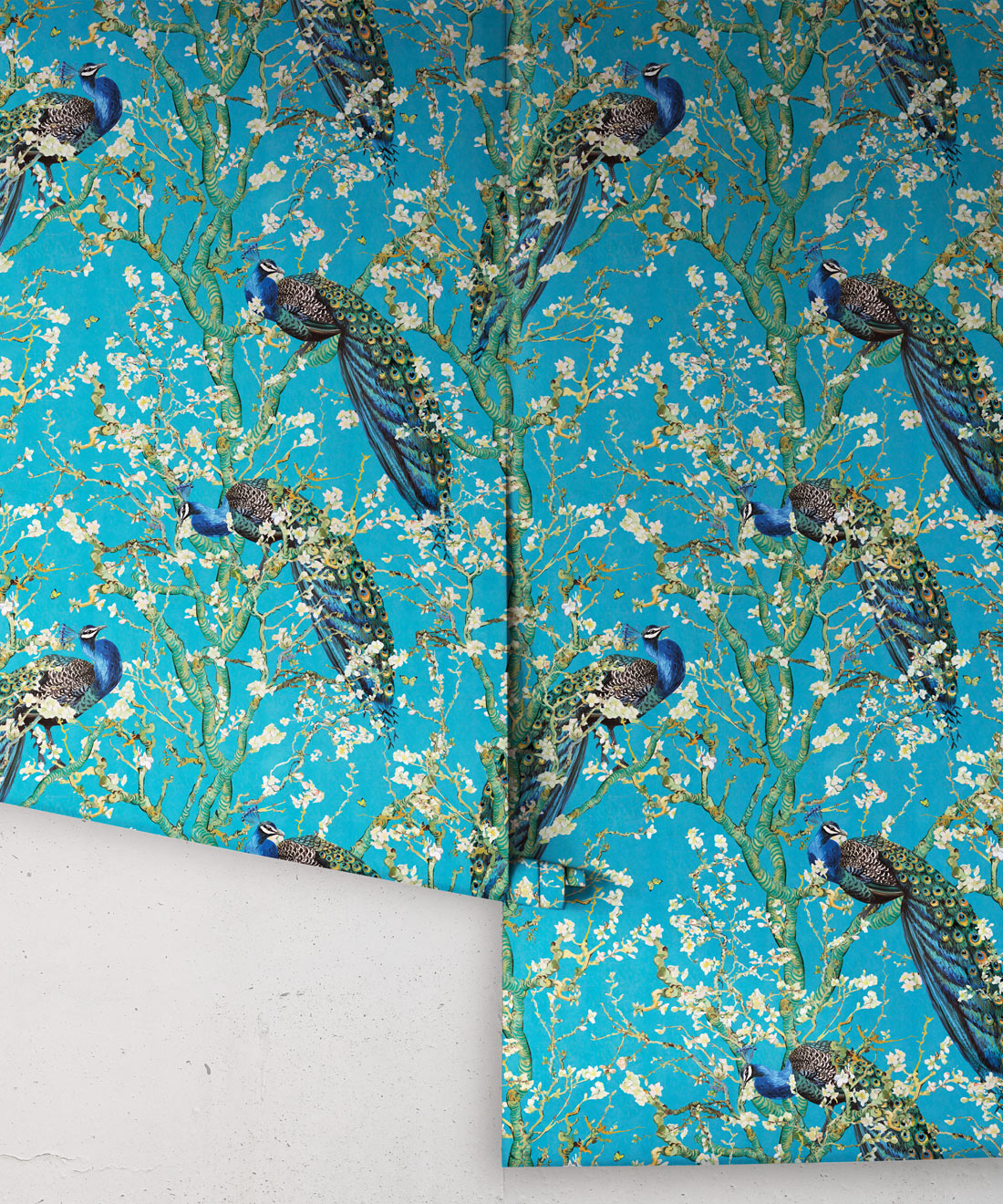 Almond Blossom Wallpaper • Chinoiserie Wallpaper • Wallpaper with Peacocks • Light Blue Duck Egg Wallpaper • Rolls