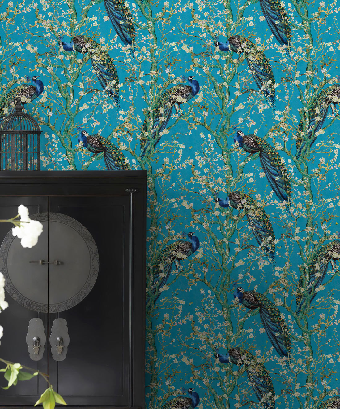 Almond Blossom Wallpaper • Chinoiserie Wallpaper • Wallpaper with Peacocks • Light Blue Duck Egg Wallpaper • Insitu