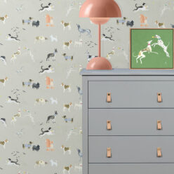 Doggies Wallpaper • Dog Wallpaper • Beige • Insitu with dresser and lamp