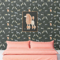 Doggies Wallpaper • Dog Wallpaper • Charcoal • Insitu with pink sofa