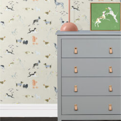 Doggies Wallpaper • Dog Wallpaper • Cream • Insitu with lamp and dresser