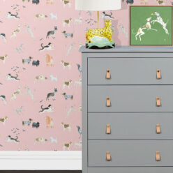 Doggies Wallpaper • Dog Wallpaper • Pink • insitu with grey dresser