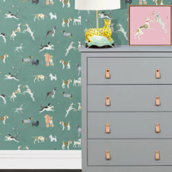 Doggies Wallpaper • Dog Wallpaper • Turquoise • insitu with grey dresser