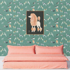 Doggies Wallpaper • Dog Wallpaper • Turquoise • insitu with pink sofa