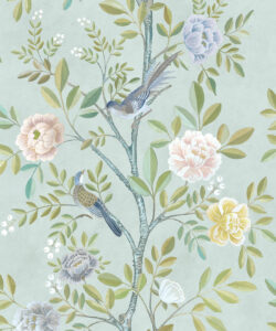 Chinoiserie Wallpaper - Papier peint floral - Papier peint oiseaux - Magnolia - Aqua - Swatch