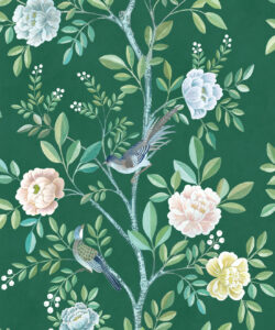 Chinoiserie Wallpaper - Papier peint floral - Papier peint oiseaux - Magnolia - Emerald Green  - Swatch