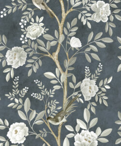 Chinoiserie Wallpaper - Papier peint floral - Papier peint oiseaux - Magnolia - Marine - Swatch