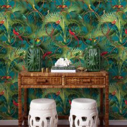 Copacabana Wallpaper • Tropical Bird Wallpaper • Oxford Blue • Insitu