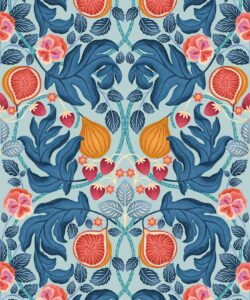 Figs & Strawberries Wallpaper - Carta da parati Botanical Fruit - Powder Blu e Ocre - Campionario