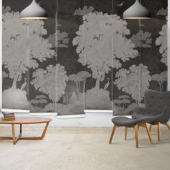 Tuscan Landscape Mural • Italian Wallpaper • Tree Wallpaper • Silhouette Wallpaper • Charcoal • Panels