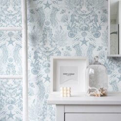 Oceania Damask Wallpaper • Sea Life Wallpaper with Seahorses, Starfish, Jellyfish • Iryna Ruggeri • Aqua • Insitu