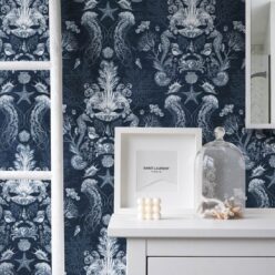 Oceania Damask Wallpaper • Sea Life Wallpaper with Seahorses, Starfish, Jellyfish • Iryna Ruggeri • Blue • Insitu