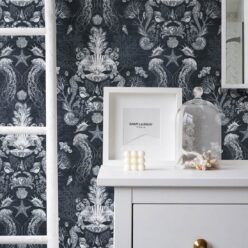Oceania Damask Wallpaper • Sea Life Wallpaper with Seahorses, Starfish, Jellyfish • Iryna Ruggeri • Grey • Insitu