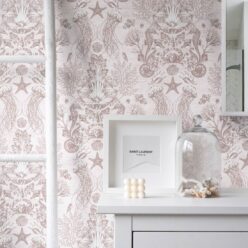 Oceania Damask Wallpaper • Sea Life Wallpaper with Seahorses, Starfish, Jellyfish • Iryna Ruggeri • Sand • Insitu