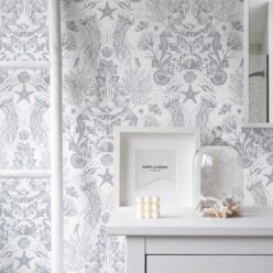 Oceania Damask Wallpaper • Sea Life Wallpaper with Seahorses, Starfish, Jellyfish • Iryna Ruggeri • Silver • Insitu
