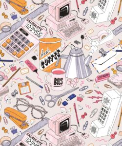1980's Office Wallpaper Calcolatrici, spillatrici, computer e telefoni su una scrivania disordinata - retro wallpaper - Swatch