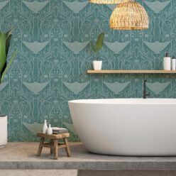 Manta Ray Wallpaper • Floral Wallpaper • Teal • Insitu