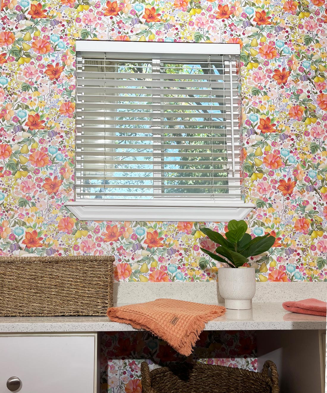 Abundance Wallpaper • Kip&Co • Colorful Floral Wallpaper • laundry room insitu by morgan pederson