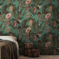 Majestic Palm Wallpaper • Teal • Insitu Bedroom