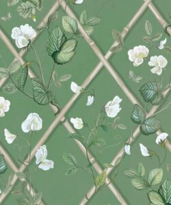 Grande Climbing Sweet Pea Wallpaper • Dark Green & Cane • Swatch