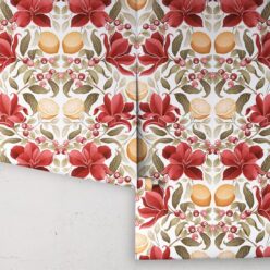 Lemons & Magnolia Wallpaper - Crimson & Olive Colorway - Roll