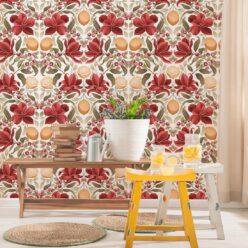 Lemons & Magnolia Wallpaper - Crimson & Olive Colorway - Insitu