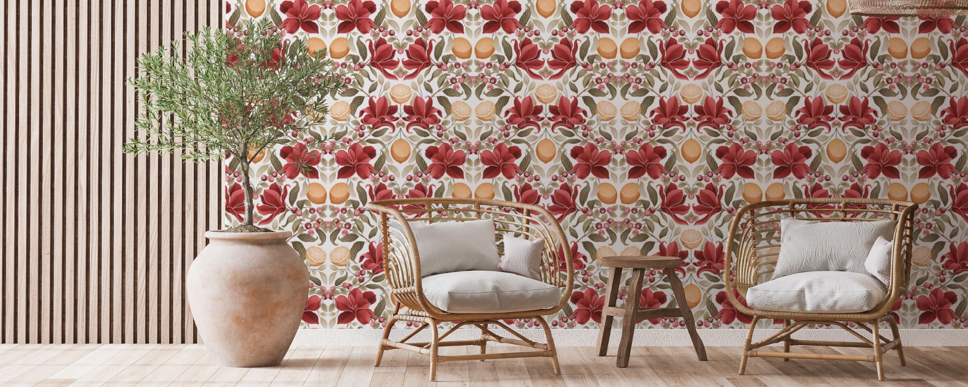 Lemons and Magnolia Wallpaper - by Wallpaper Republic - Colourway: Crimson and Olive - Hero Image - Insitu
