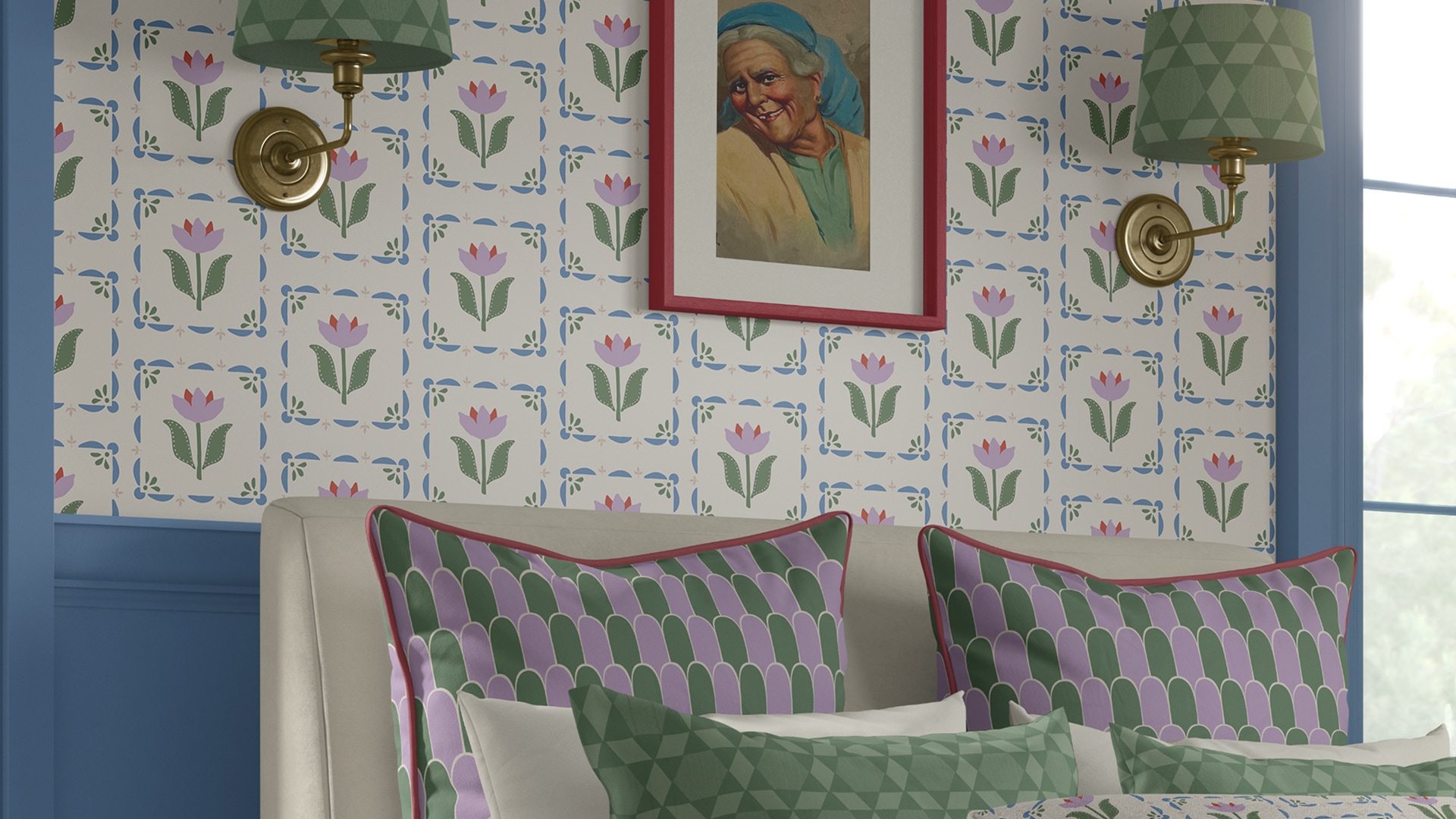 Papel Pintado Gray Benko | Flora Wallpaper | Colorway: Lavender  y Green | Colección Anything But Basic | Gray Benko x Milton&King | Insitu
