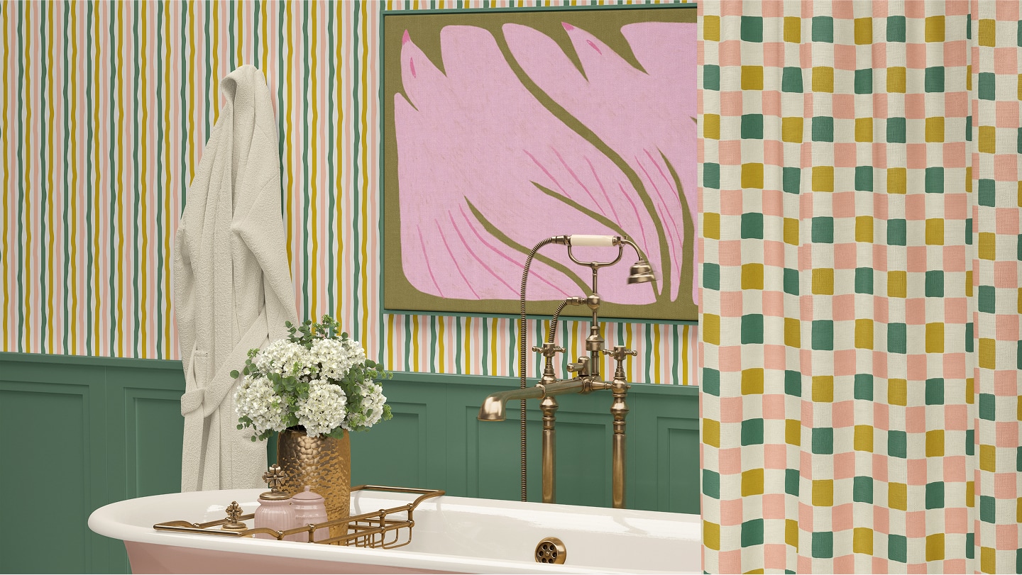 Papel Pintado Gray Benko 1 | Papel Pintado Can't Keep It Straight | Colorway: Chartreuse, Green  y Rosa | Colección Anything But Basic | Gray Benko x Milton&King | Insitu