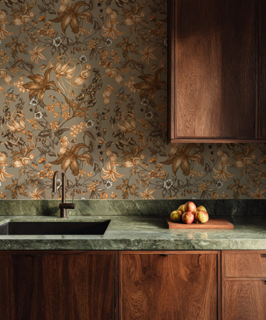 Magic Garden Collection by Kingdom Home - Alnwick Wallpaper - Colourway: Emberleaf - Insitu
