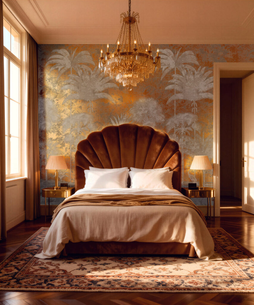 Shadow Palms Metallic Mural - Colourway: Beige (Gold) - Insitu