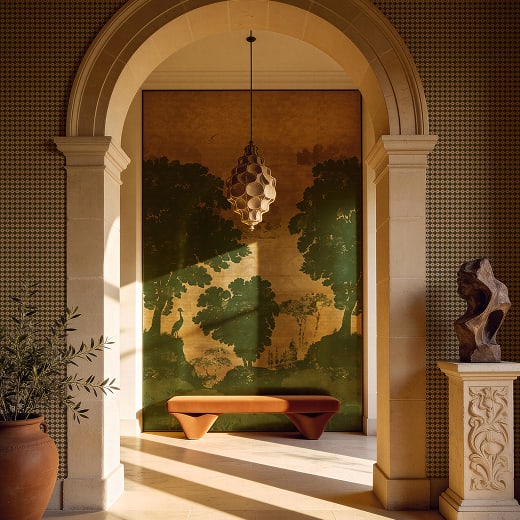 Tuscan Landscape Metallics Wallpaper in Terracotta - Instagram Homepage Grid - Feb26