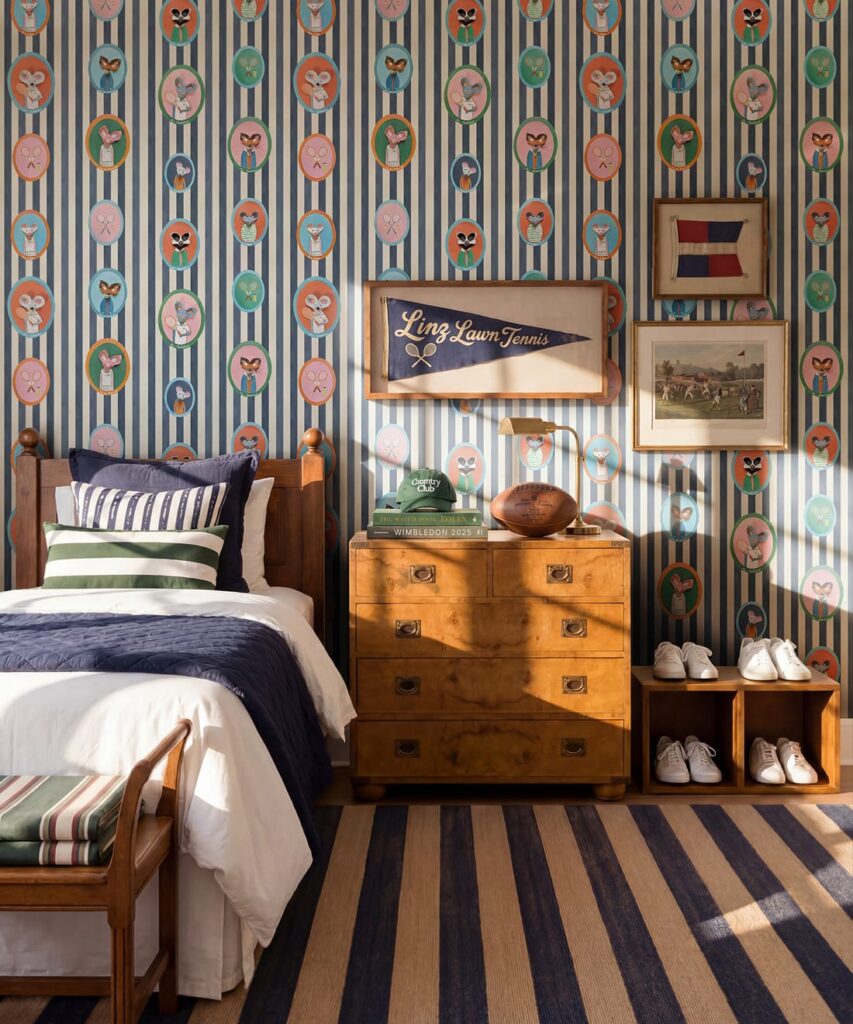 The Tennis Club Wallpaper - Colourway: Old Navy - Insitu