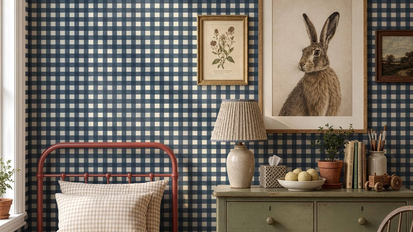 The Curious Club - Bethany Linz Wallpaper Collection - Collection Page - Gallery - Clubhouse Check Wallpaper Insitu